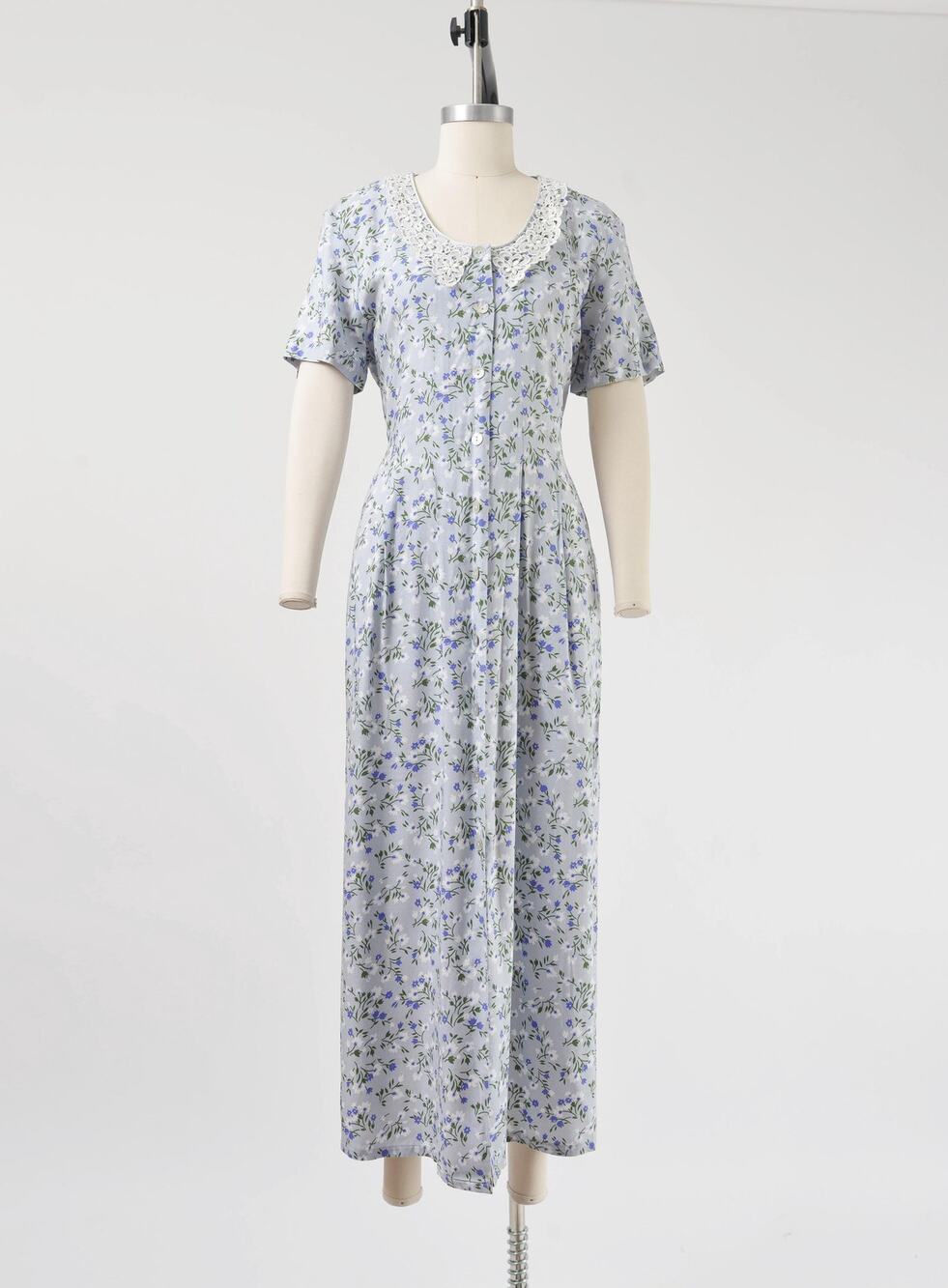 Vintage 90s Light Blue Floral Maxi Dress Lace Collared Long Cottagecore Dress M